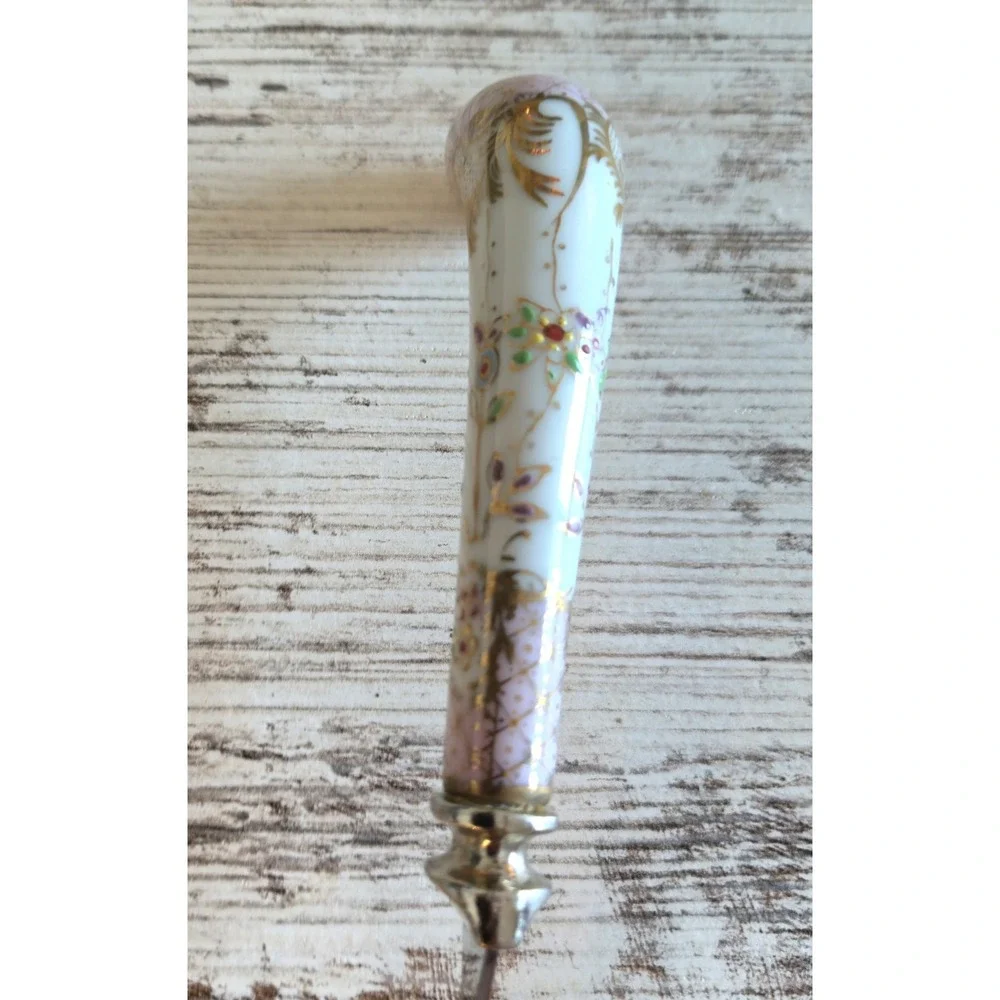 Vtg Sheffield England Porcelain Handle Serving Fork Ornate Floral 3-Tine Gold